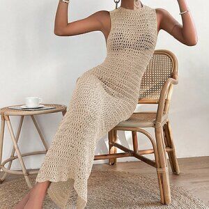 Apricot Casual Womens Hollow Out Split Thigh Cover Up Dress Without Bikini